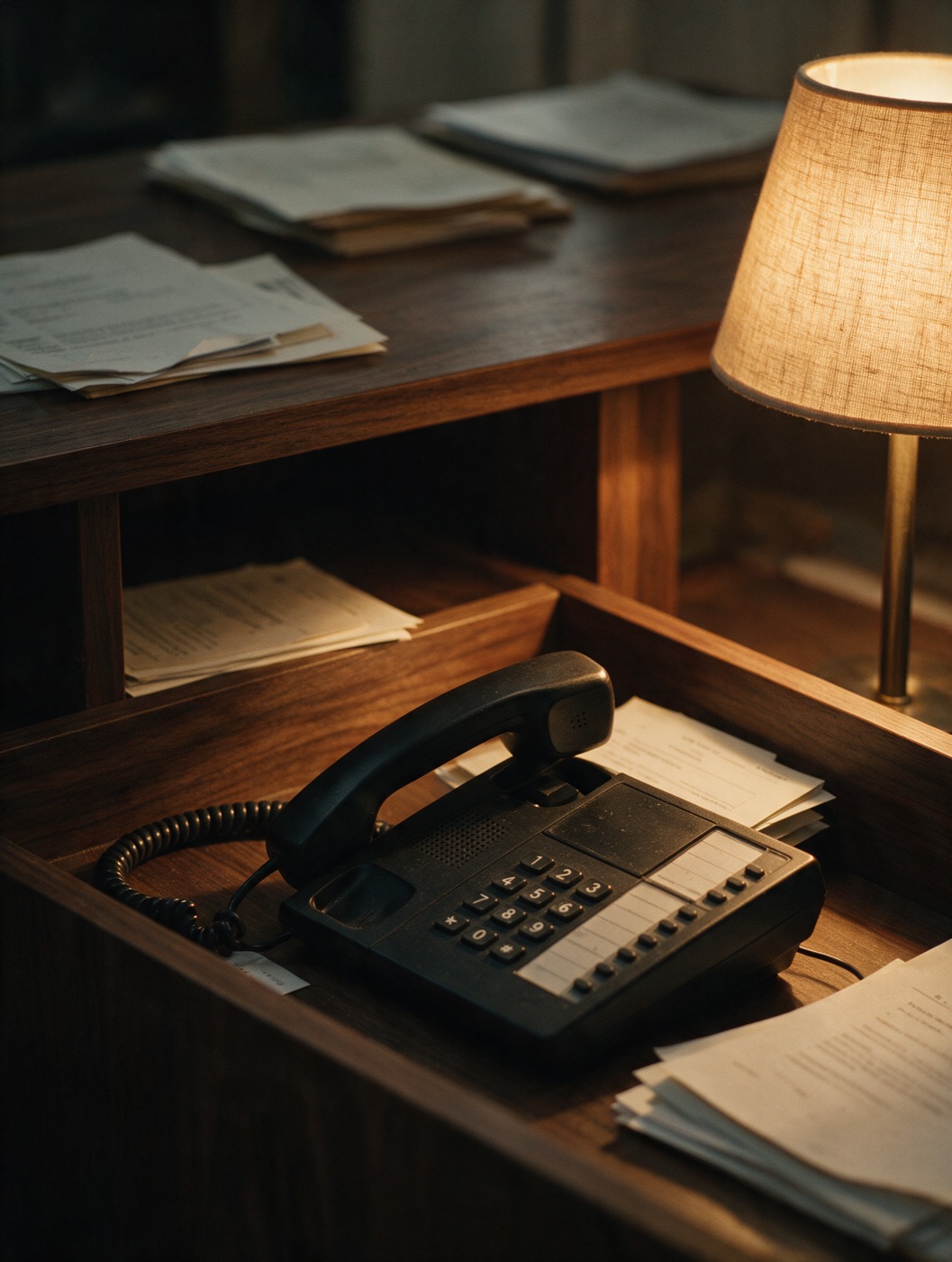 Ein abgehobener Telefonhörer neben dem Apparat auf dem Schreibtisch, warmes Lampenlicht.